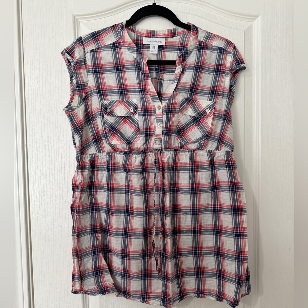 Motherhood medium woven maternity top in red, white and blue.